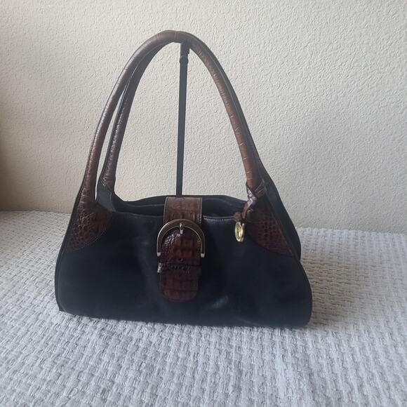 Brahmin Black and Brown Croc Embossed Leather Handbag - Picture 1 of 9